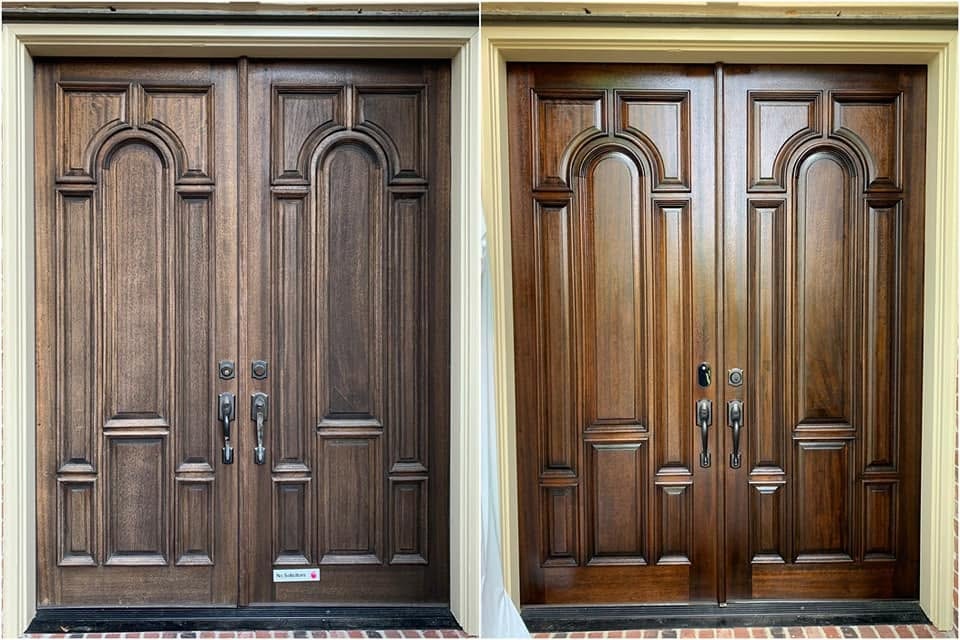 Ornate Double Doors — Deep Walnut Refinish