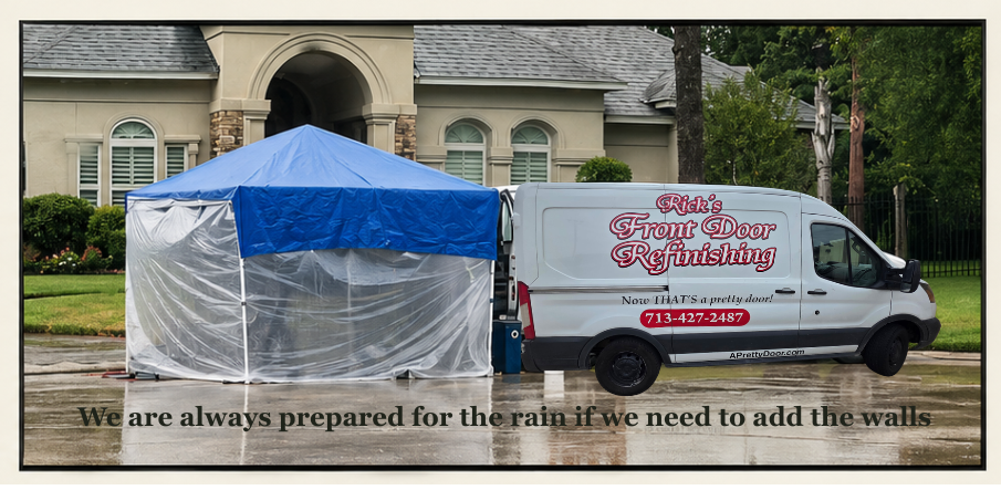 Rick's Front Door Refinishing van and blue canopy set up at the curb on a rainy day