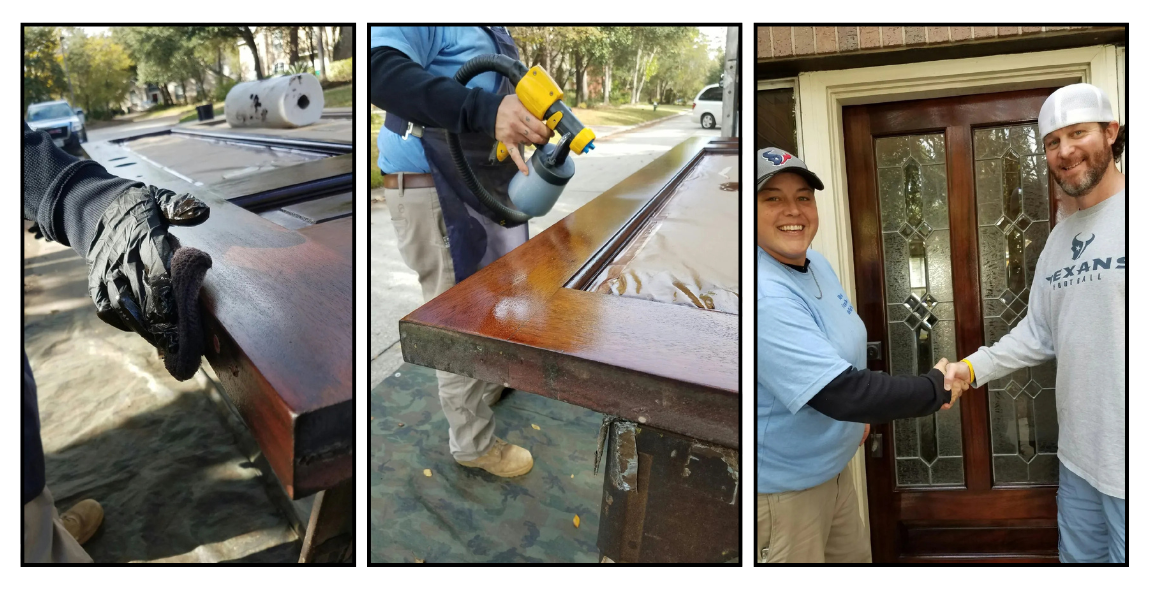 Craftsman applying protective clear coat finish to a front door, and happy customer shaking hands at the finished door
