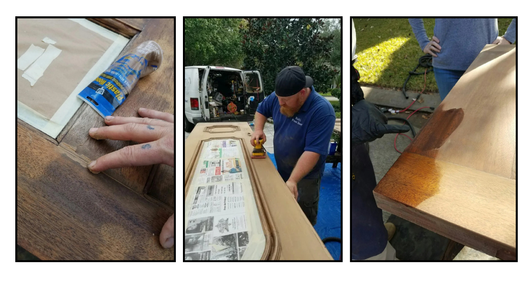 Craftsman repairing cracks, sanding and applying stain to a front door