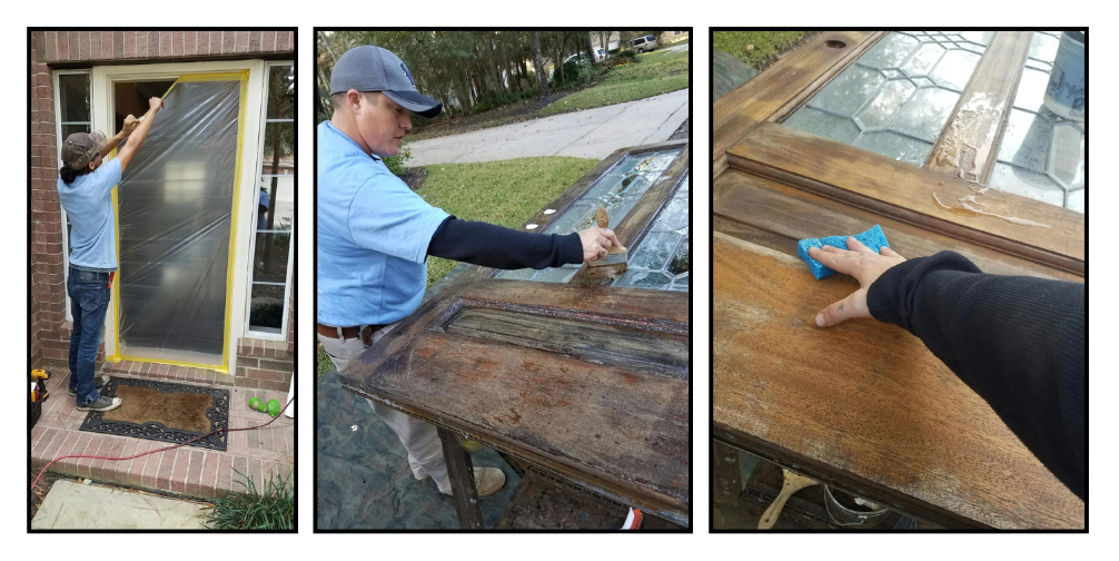 Craftsmen stripping old finish, scraping and washing the door wood before refinishing